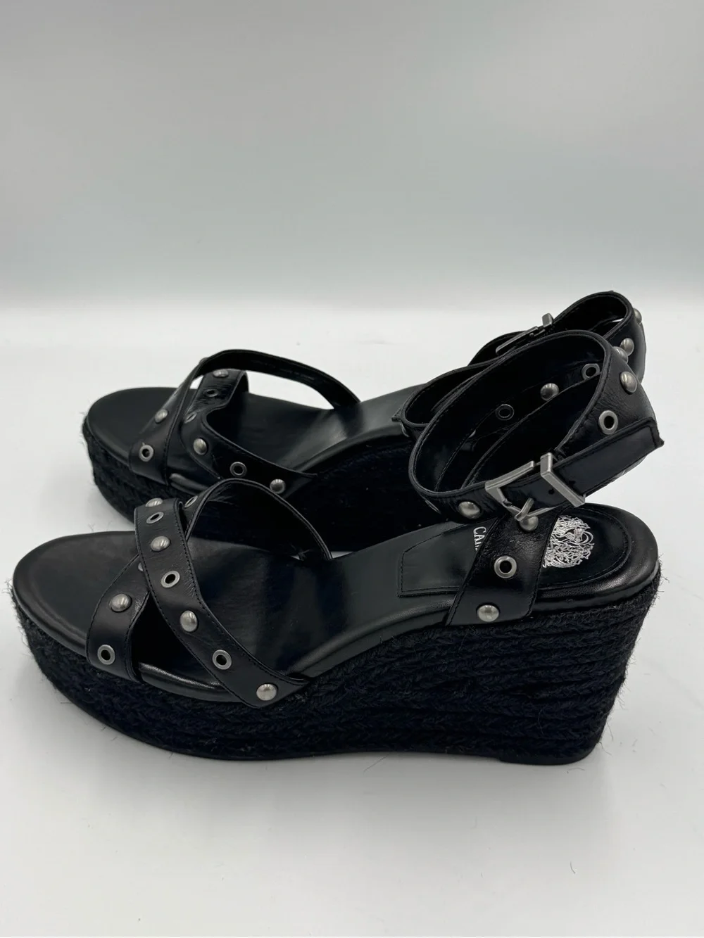 Vince Camuto Peegella Black Leather Studded Espadrille Wedge Sandals 10